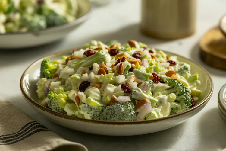 Broccoli salad with almonds, cranberries and onions