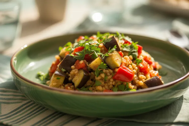 Eggplant, capsicum and bulgur salad