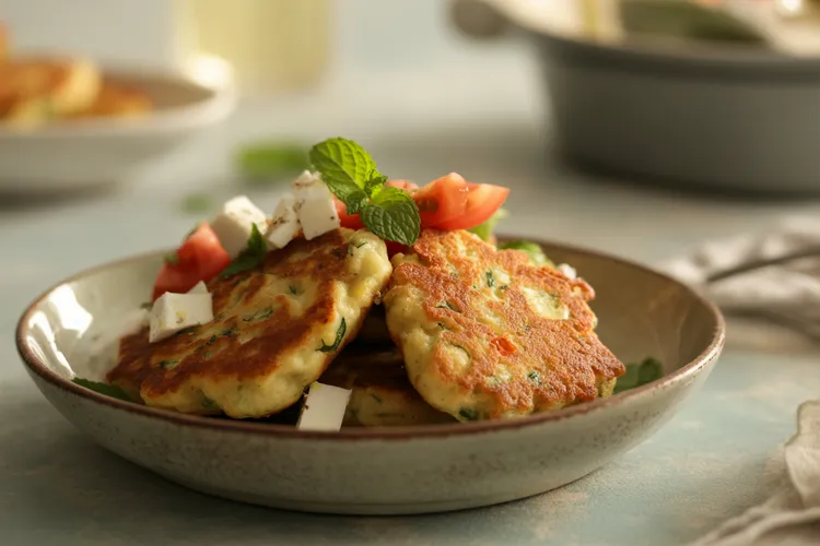 Feta, tomato and fresh mint fritters