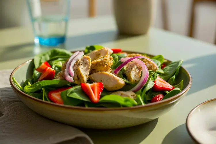 Chicken spinach salad with strawberries and red onion