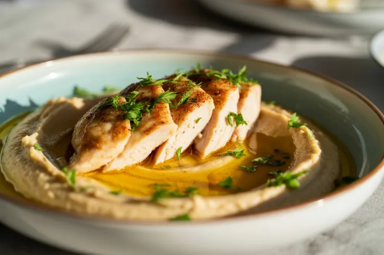 Garlic chicken with creamy hummus