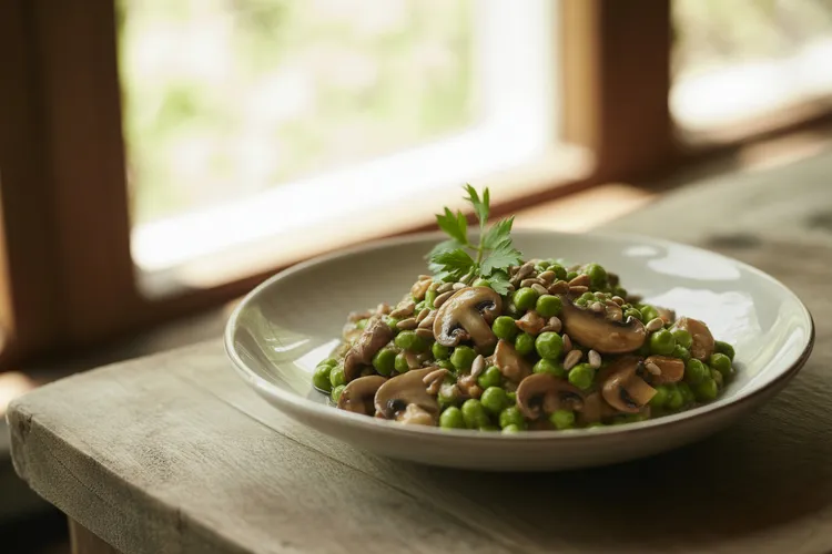 Garlic mushroom and pea sauté with sunflower seeds