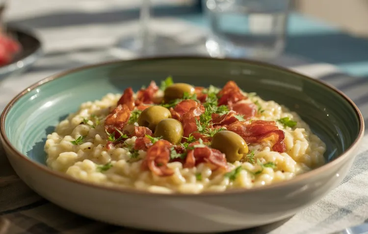 Green olive and prosciutto risotto