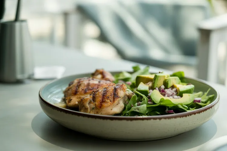 Grilled chilli chicken with avocado and green salad