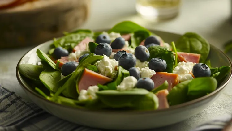 Ham and cottage cheese spinach salad with blueberries