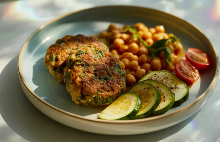 Lamb and spinach patties with chickpea salad