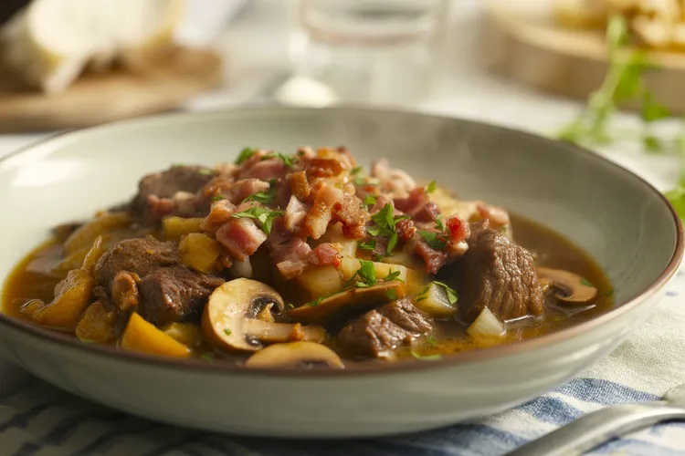 Leek, mushroom & beef casserole