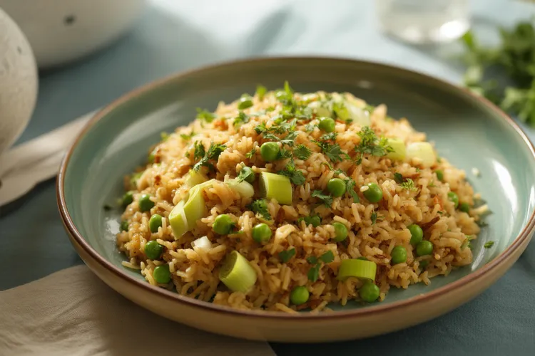 Leek, pea and coriander pilaf