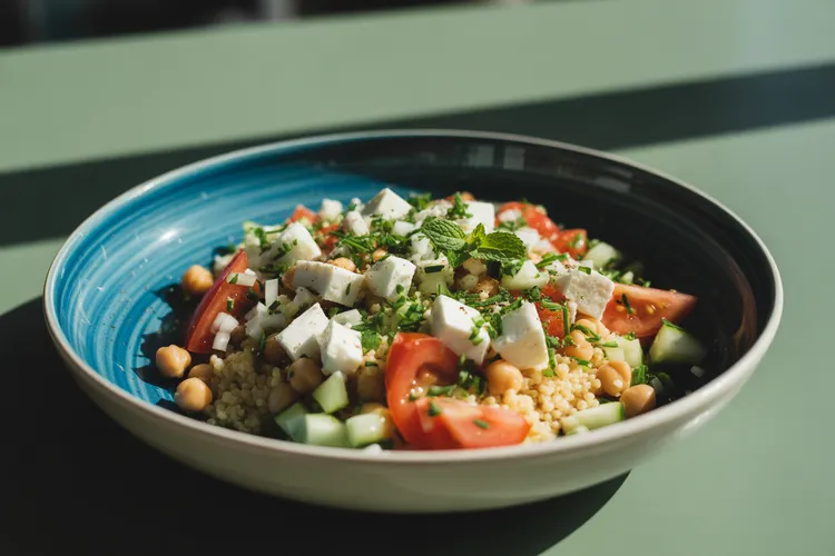 Couscous salad with feta, chickpeas and herbs