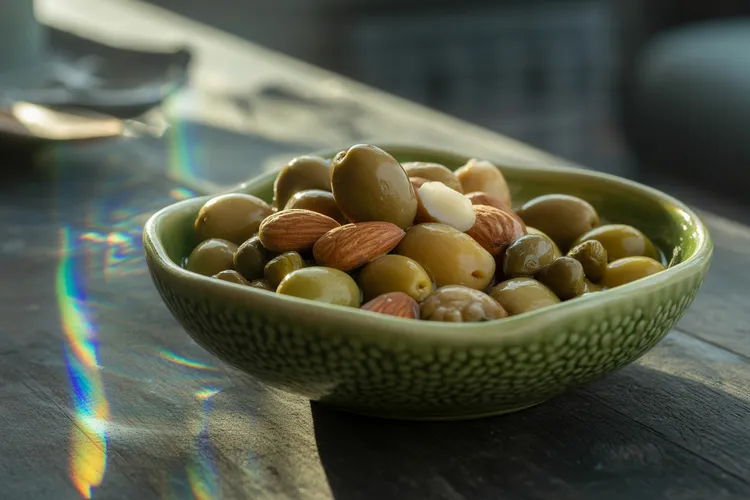 Marinated olives, spiced almonds & caperberries