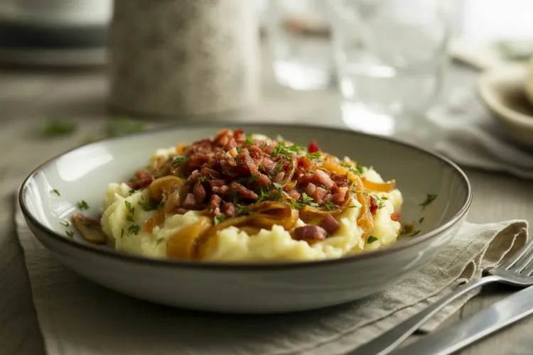 Potato mash with bacon and caramelised onion