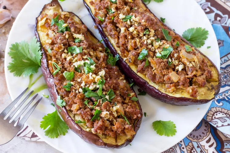 Spiced beef stuffed eggplants