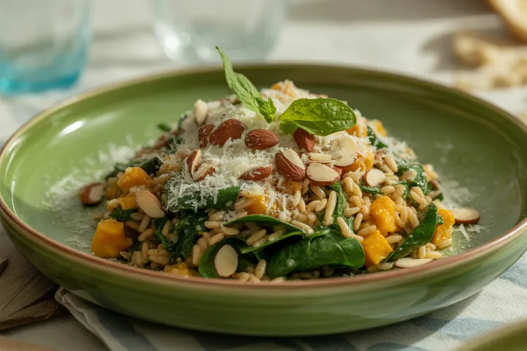 Pumpkin, brown rice and spinach salad