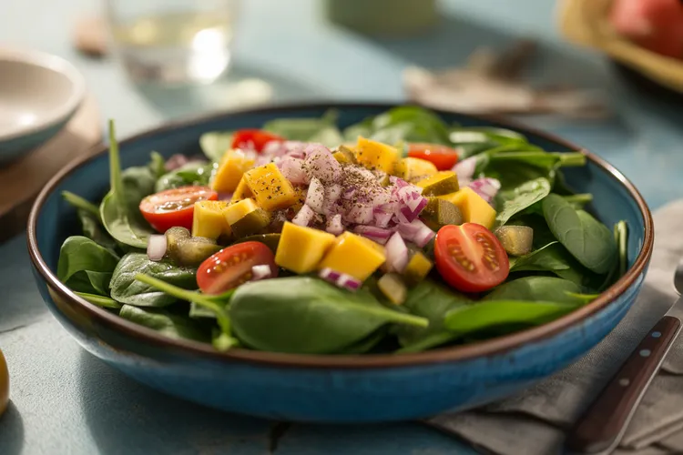 Mediterranean spinach salad with mango, pickles and tomatoes