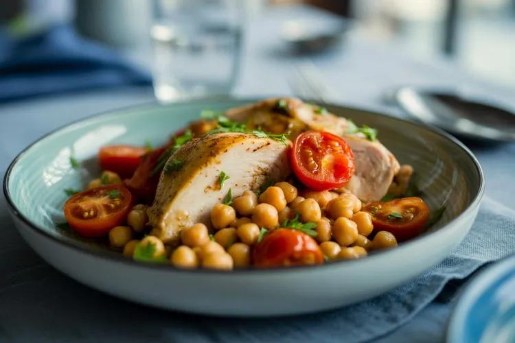 Roast chicken with chickpeas and tomatoes