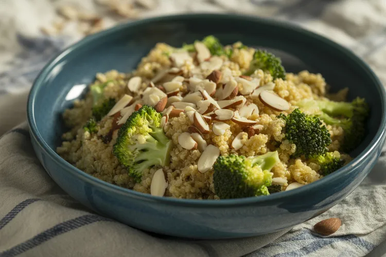 Roasted broccoli quinoa salad with almonds