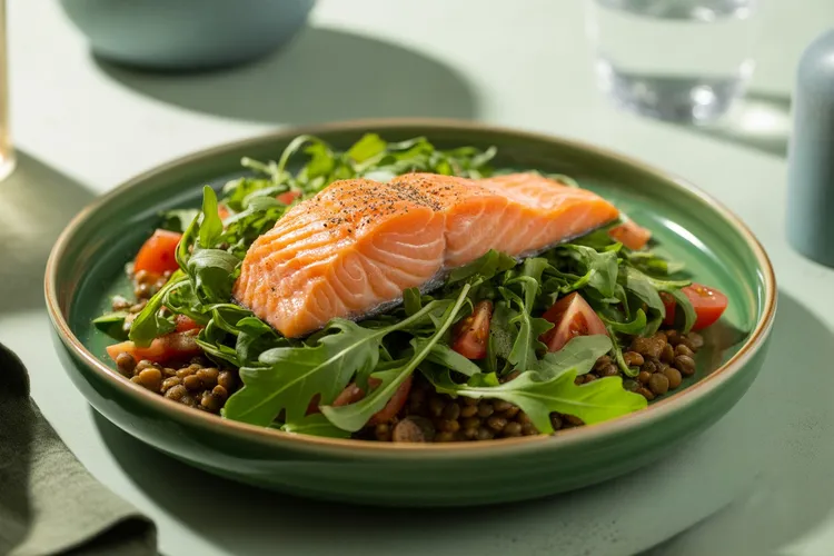 Salmon with rocket & lentils