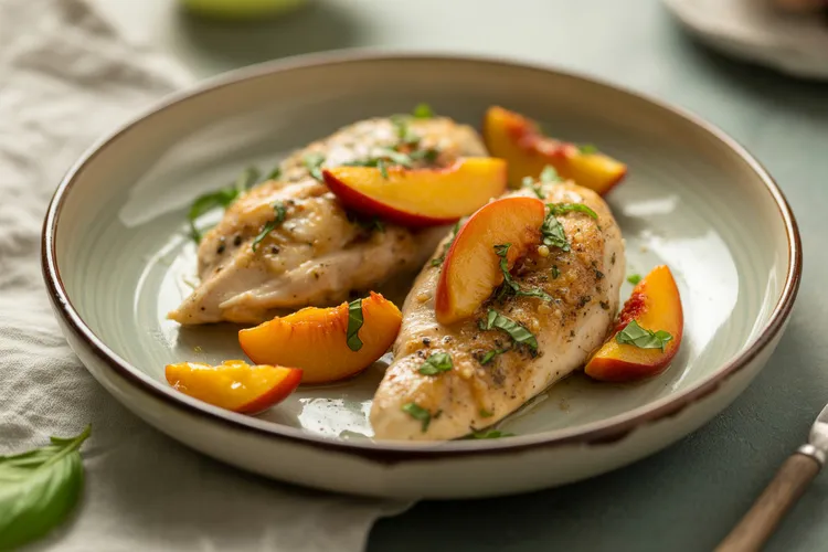 Skillet basil-peach chicken breasts