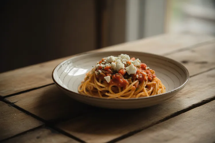 Spaghetti with salsa cruda and feta