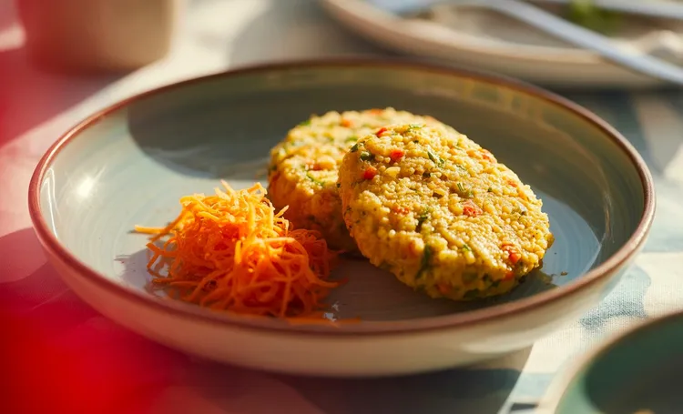 Spiced couscous and chickpea patties with carrot salad