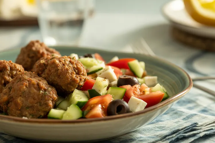 Spiced keftedes with horiatiki