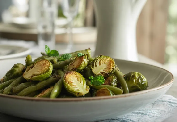 Sauteed green beans and brussels sprouts with mint
