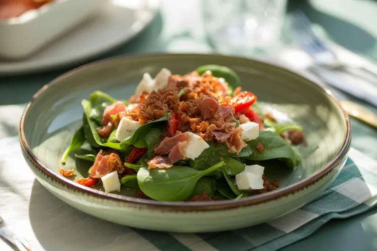 Spinach salad with crisp prosciutto