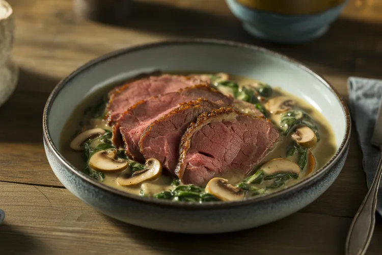 Steak with mushroom and spinach sauce