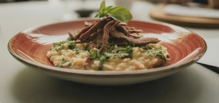 Strips of beef with green curry risotto