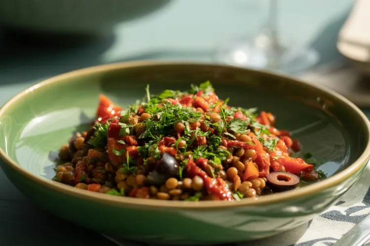 Mediterranean lentil salad with sun-dried tomatoes and olives