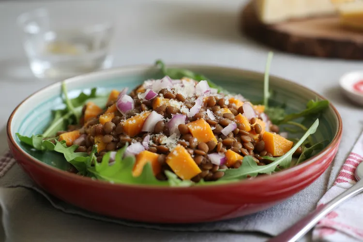 Warm pumpkin and brown lentil salad