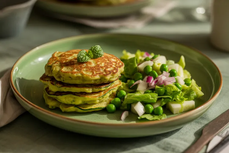 Zucchini and mint ricotta pancakes with pea salad