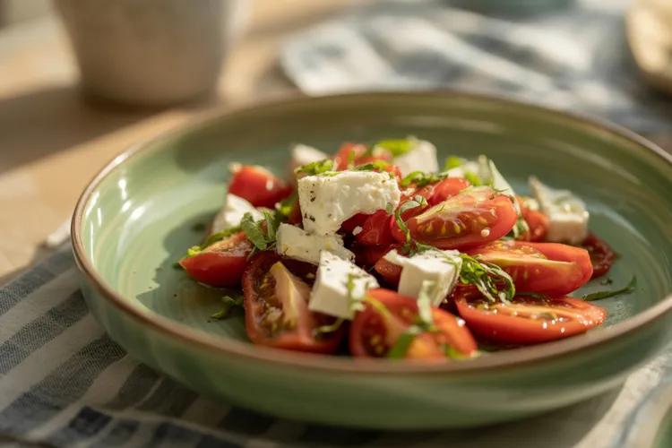 Roasted cherry tomatoes with feta and basil